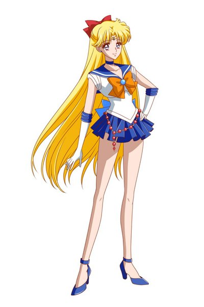 Anime picture 730x1095 with bishoujo senshi sailor moon toei animation aino minako sailor venus single tall image looking at viewer blue eyes blonde hair simple background smile standing white background very long hair pleated skirt hand on hip half updo alternate color girl skirt