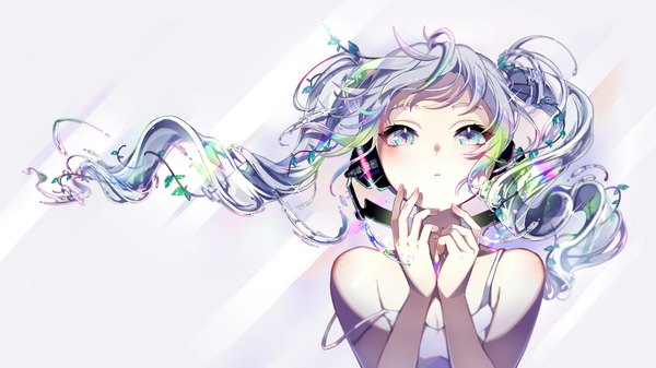 Anime picture 1500x843 with vocaloid hatsune miku nou single long hair blush simple background wide image white background upper body multicolored hair aqua eyes aqua hair sparkle alternate costume tears floating hair looking up strap slip multicolored eyes