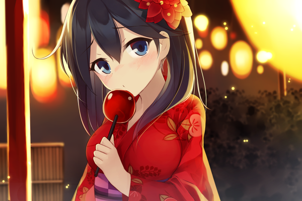 Anime picture 800x533 with kantai collection ushio destroyer netarou single long hair looking at viewer blush breasts blue eyes black hair holding pink hair ahoge traditional clothes japanese clothes multicolored hair hair flower gradient hair girl hair ornament