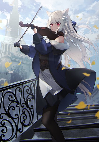 Anime picture 1620x2302 with original sagiri (ulpha220) single long hair tall image looking at viewer fringe open mouth red eyes standing holding animal ears sky cloud (clouds) outdoors white hair tail blunt bangs braid (braids) long sleeves