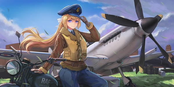 Anime picture 2160x1080 with original sima naoteng single long hair looking at viewer fringe highres blue eyes blonde hair hair between eyes wide image payot sky cloud (clouds) outdoors light smile wind arm support fur trim shaded face