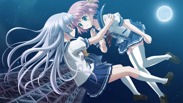 Anime picture 1024x576 with owaru sekai to birthday long hair short hair blue eyes wide image multiple girls green eyes pink hair game cg white hair loli girl thighhighs 2 girls white thighhighs socks serafuku moon white socks