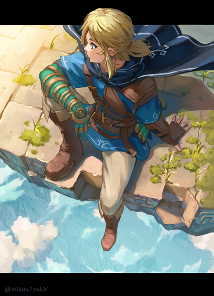Anime picture 3200x4423 with the legend of zelda the legend of zelda: tears of the kingdom nintendo link saburou (jako) single long hair tall image highres blonde hair sitting looking away absurdres sky cloud (clouds) profile from above pointy ears arm support letterboxed