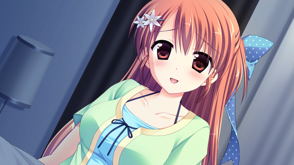 Anime picture 1280x720 with natsu koi high pressure shinonome misaki ayamisiro single long hair looking at viewer blush breasts open mouth smile brown hair wide image large breasts brown eyes game cg hair flower night half updo girl hair ornament
