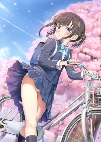 Anime picture 1002x1416 with original nedia (nedia region) single tall image blush short hair light erotic brown hair purple eyes twintails payot looking away outdoors pleated skirt wind from below pantyshot cherry blossoms short twintails walking