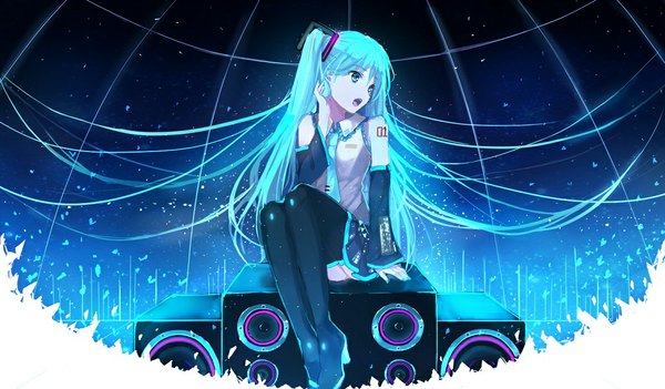 Anime picture 1032x604 with vocaloid hatsune miku bai kongque (shirokujaku) single open mouth wide image sitting twintails bare shoulders looking away very long hair aqua eyes aqua hair girl hair ornament detached sleeves necktie speakers