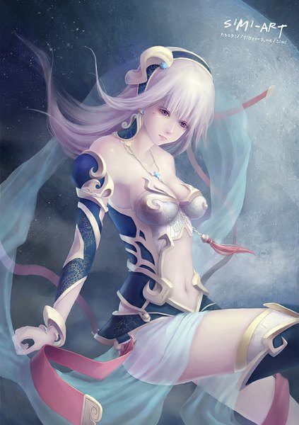 Anime picture 595x842 with original simi single long hair tall image fringe breasts bare shoulders pink hair bent knee (knees) white hair pink eyes bare belly girl navel ribbon (ribbons) detached sleeves armor pendant knee boots