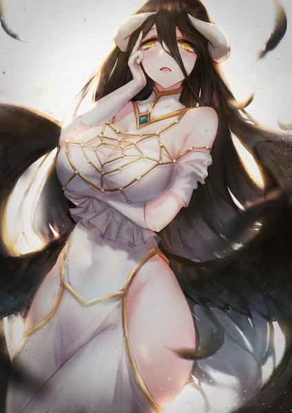 Anime-Bild 2480x3507 mit overlord (maruyama) madhouse albedo (overlord) xing single long hair tall image looking at viewer blush fringe highres breasts open mouth light erotic black hair simple background hair between eyes large breasts standing bare shoulders