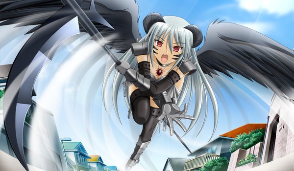 Anime picture 1344x784 with sin kuro to kiiro no shoujo long hair open mouth red eyes wide image game cg silver hair girl wings