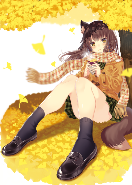 Anime picture 713x1000 with original toujou mina single long hair tall image looking at viewer blush fringe light erotic simple background brown hair sitting holding animal ears yellow eyes full body tail long sleeves animal tail wind