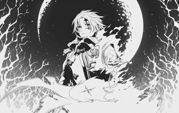 Anime picture 800x507 with d.gray-man allen walker ginmu single looking at viewer short hair from below facial mark monochrome crescent bare tree boy uniform plant (plants) tree (trees) moon