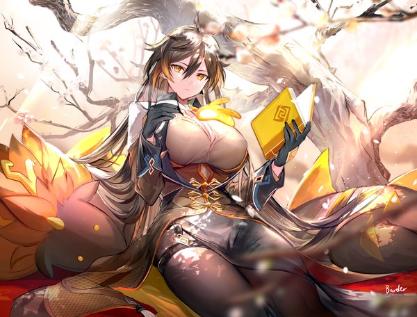 Anime picture 2869x2180 with genshin impact zhongli (genshin impact) seelie (genshin impact) rex lapis (genshin impact) border0715 single looking at viewer fringe highres breasts light erotic black hair hair between eyes large breasts sitting yellow eyes very long hair blurry depth of field fantasy