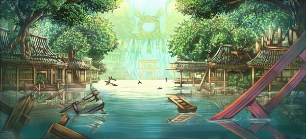 Anime picture 1400x640 with original ichina (pixiv id4928842) wide image no people landscape river ruins waterfall architecture east asian architecture plant (plants) tree (trees) water building (buildings) torii