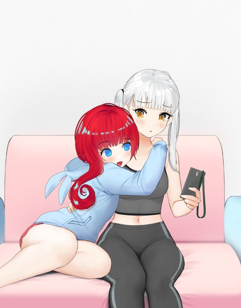 Anime picture 2432x3105 with original cecilia (acerailgun) alicia (acerailgun) jubi (regiana) long hair tall image fringe highres breasts blue eyes smile sitting twintails multiple girls yellow eyes white hair red hair blunt bangs long sleeves bare legs