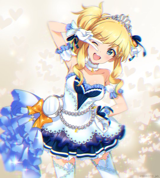Anime picture 900x1000 with idolmaster idolmaster cinderella girls idolmaster cinderella girls starlight stage ootsuki yui mizuki makoto single long hair tall image looking at viewer open mouth blue eyes blonde hair bare shoulders payot head tilt one eye closed wink hand on hip side ponytail victory