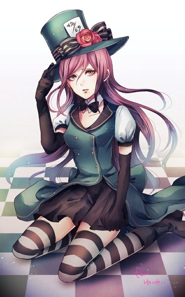 Anime picture 636x1020 with dangan ronpa super dangan ronpa 2 z-epto (chat-noir86) single long hair tall image looking at viewer fringe purple eyes signed purple hair lips checkered floor floor checkered girl thighhighs dress skirt gloves