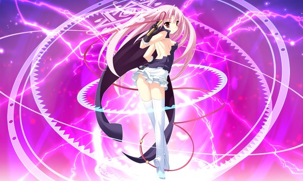 Anime picture 1024x614 with twinkle crusaders twinkle crusaders -passion star stream- lilian tyrol (twinkle crusaders -passion star stream-) long hair red eyes wide image pink hair game cg magic girl dress thigh boots cape magic circle