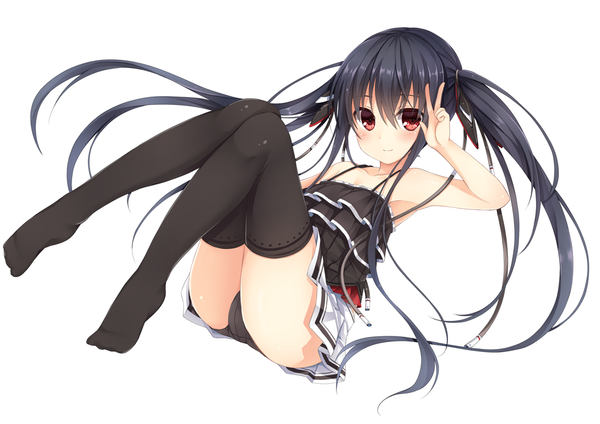 Anime picture 1023x724 with original kaguyuu single long hair light erotic black hair simple background red eyes white background twintails pantyshot girl thighhighs underwear panties black thighhighs