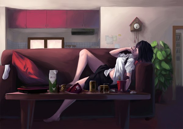 Anime picture 1157x818 with touhou shameimaru aya wingedleek (artist) single short hair black hair red eyes smoking girl plant (plants) pillow couch table clock cigarette milk wall clock cuckoo clock