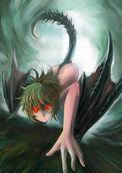 Anime picture 2480x3507 with monster hunter xiamianliele (artist) tall image highres short hair light erotic absurdres tail green hair nude glowing demon girl glowing eye (eyes) girl wings