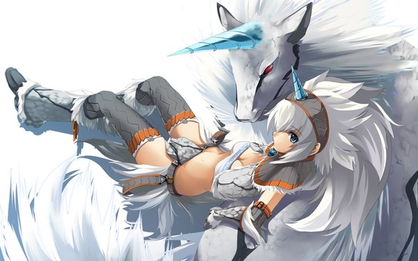 Anime picture 1440x900 with monster hunter long hair fringe short hair breasts blue eyes simple background red eyes wide image white background white hair lying horn (horns) hair over one eye girl thighhighs navel animal hairband fur