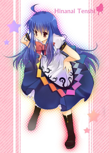 Anime picture 1428x2000 with touhou hinanawi tenshi mutsu single long hair tall image blush standing brown eyes blue hair looking away full body ahoge leaning character names angry hands on hips no hat girl dress