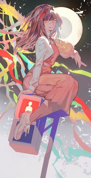 Anime picture 771x1500 with chainsaw man mappa mitaka asa war devil (chainsaw man) lack single long hair tall image smile brown hair sitting yellow eyes full body grin outstretched arm scar girl shoes sneakers traffic lights