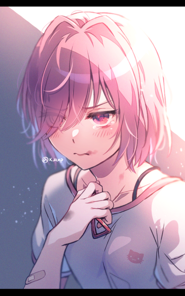 Anime picture 563x900 with doki doki literature club natsuki (doki doki literature club) aicedrop single tall image blush fringe short hair holding signed looking away pink hair upper body pink eyes blurry hair over one eye short sleeves twitter username tears official alternate costume