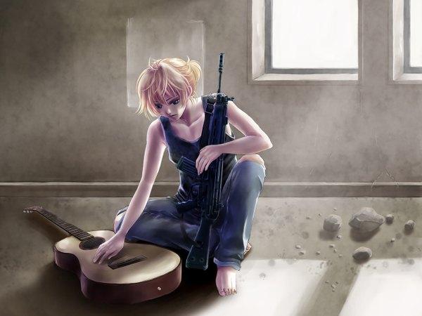 Anime picture 2800x2100 with vocaloid kagamine len tagme (artist) single highres blue eyes blonde hair twintails bare shoulders barefoot boy weapon gun guitar overalls