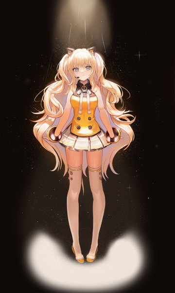 Anime picture 1440x2400 with vocaloid seeu moth1 single long hair tall image looking at viewer blue eyes blonde hair standing animal ears full body pleated skirt sleeveless black background girl thighhighs skirt miniskirt white thighhighs
