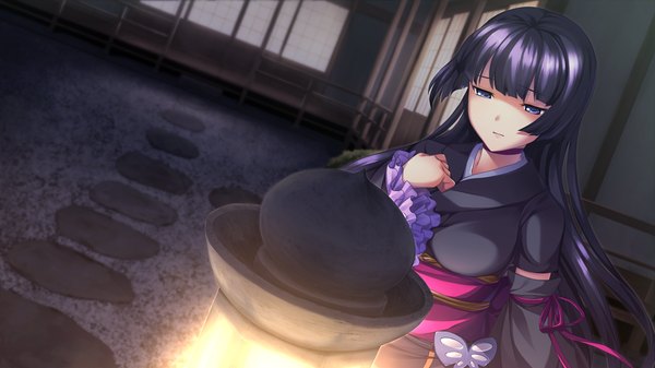 Аниме картинка 1280x720 с izuna zanshinken (game) длинные волосы голубые глаза широкое изображение game cg фиолетовые волосы японская одежда девушка кимоно