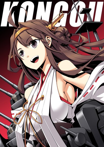 Anime picture 1240x1754 with kantai collection kongou battleship shikabane usagi (xion) single long hair tall image fringe breasts open mouth smile brown hair traditional clothes japanese clothes inscription grey eyes nontraditional miko girl