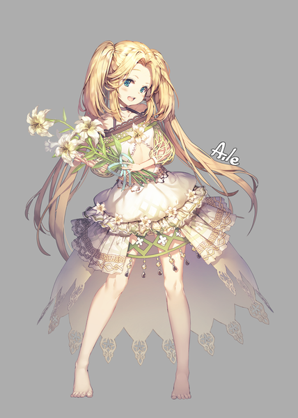 Anime picture 1120x1568 with original aile (crossroads) single long hair tall image looking at viewer blush open mouth blue eyes simple background blonde hair twintails signed full body barefoot grey background girl dress flower (flowers) white dress