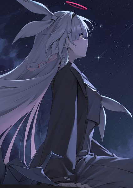 Anime picture 3969x5613 with blue archive plana (blue archive) karadborg single long hair tall image highres sitting looking away absurdres silver hair outdoors profile night night sky shooting star girl uniform ribbon (ribbons) hair ribbon