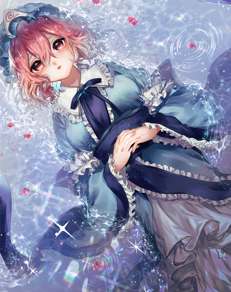 Anime picture 1609x2030 with touhou saigyouji yuyuko suzune hapinesu single tall image looking at viewer blush fringe short hair hair between eyes pink hair long sleeves pink eyes wide sleeves :o sparkle dutch angle puffy sleeves partially submerged hands clasped