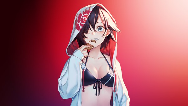 イラスト 3840x2160 と rwby rooster teeth ruby rose assassinwarrior 泉彩 ソロ カメラ目線 赤面 前髪 highres 短い髪 おっぱい light erotic simple background 茶色の髪 wide image absurdres cleavage upper body long sleeves