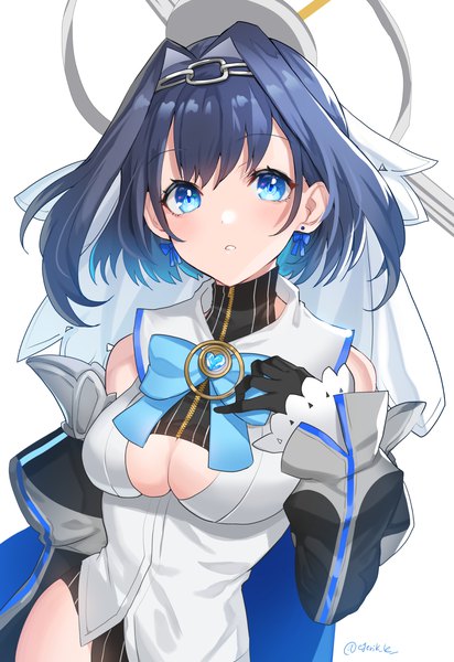 Anime picture 920x1339 with virtual youtuber hololive hololive english ouro kronii ouro kronii (1st costume) kgr single tall image looking at viewer short hair breasts blue eyes light erotic simple background large breasts white background signed blue hair :o twitter username