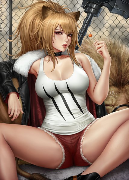 Anime picture 900x1260 with arknights siege (arknights) sciamano240 single long hair tall image looking at viewer fringe breasts light erotic hair between eyes brown hair large breasts sitting holding brown eyes signed animal ears payot cleavage