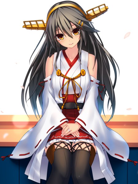 Anime picture 1200x1600 with kantai collection haruna battleship dangan neko single long hair tall image looking at viewer black hair sitting light smile orange eyes nontraditional miko girl thighhighs hair ornament black thighhighs detached sleeves petals