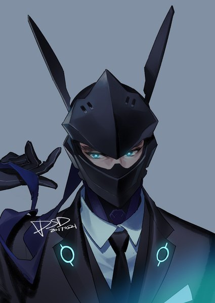 Anime-Bild 650x918 mit overwatch blizzard entertainment genji (overwatch) psd (pixiv) single tall image simple background signed aqua eyes grey background dated portrait covered mouth formal boy necktie mask helmet robot ears cyborg