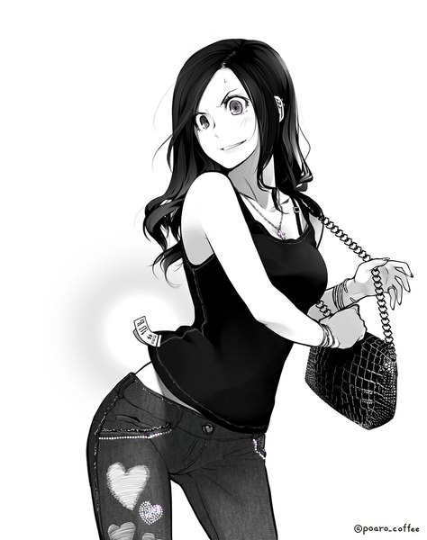 Anime picture 900x1139 with original poaro single long hair tall image blush black hair simple background white background looking away grey eyes monochrome girl bracelet pants ring necklace jeans handbag torn jeans