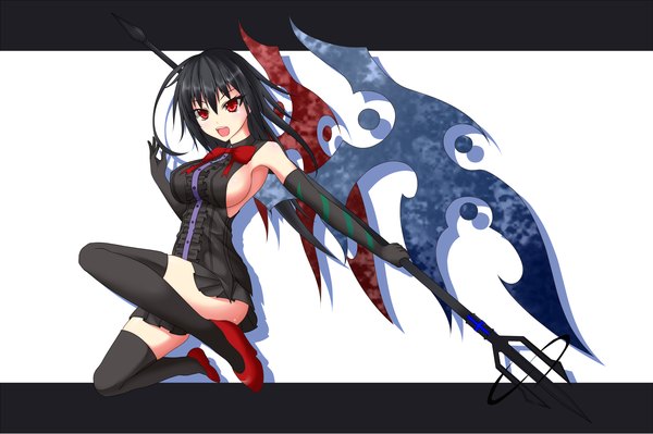 Anime-Bild 2000x1333 mit touhou houjuu nue gmot single long hair highres breasts open mouth light erotic black hair red eyes girl thighhighs dress gloves weapon black thighhighs wings elbow gloves trident