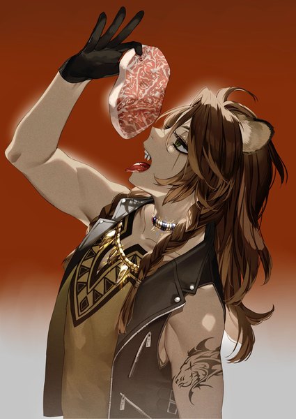 Anime picture 1536x2166 with twisted wonderland leona kingscholar kouta (pixiv14981568) single long hair tall image open mouth simple background brown hair holding animal ears upper body braid (braids) profile tattoo sleeveless gradient background scar red background lion ears