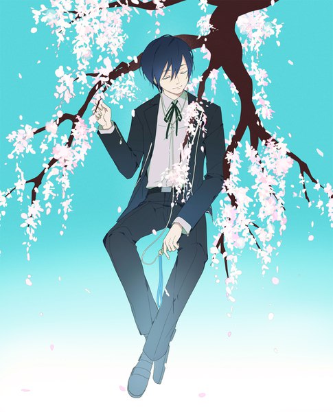 Anime picture 1256x1552 with persona 3 persona arisato minato sanmen single tall image fringe short hair hair between eyes sitting blue hair full body eyes closed gradient background cherry blossoms boy petals headphones branch