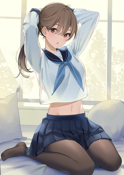 Anime picture 2976x4175 with original ikomochi single long hair tall image looking at viewer blush fringe highres open mouth hair between eyes brown hair sitting brown eyes full body ahoge bent knee (knees) long sleeves pleated skirt arms up