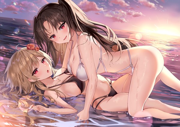 Anime picture 2000x1405 with original mayo (miyusa) long hair looking at viewer blush fringe highres breasts open mouth light erotic blonde hair smile hair between eyes red eyes brown hair large breasts multiple girls sky cloud (clouds) outdoors