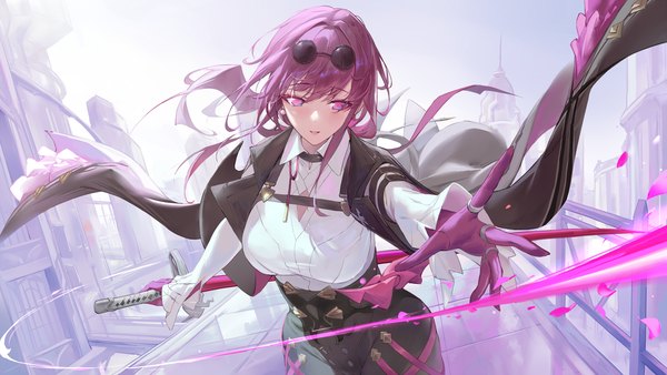 Anime picture 3200x1800 with honkai: star rail honkai (series) kafka (honkai: star rail) pdxen single long hair fringe highres hair between eyes wide image standing purple eyes holding looking away purple hair outstretched arm sunglasses on head girl gloves weapon