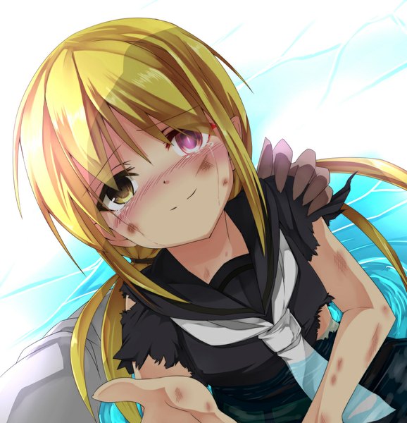 Anime picture 1000x1038 with kantai collection satsuki destroyer long hair tall image looking at viewer blush blonde hair smile twintails tears heterochromia torn clothes low twintails girl