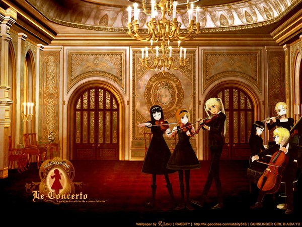 Anime picture 1600x1200 with gunslinger girl madhouse triela henrietta (gunslinger girl) rico claes angelica elsa de sica long hair highres short hair black hair blonde hair brown hair standing twintails multiple girls braid (braids) wallpaper twin braids