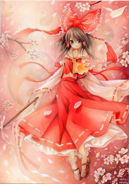 Anime picture 1055x1500 with touhou hakurei reimu mosho single tall image looking at viewer blush short hair brown hair brown eyes signed traditional clothes cherry blossoms miko traditional media spring watercolor (medium) yin yang girl skirt